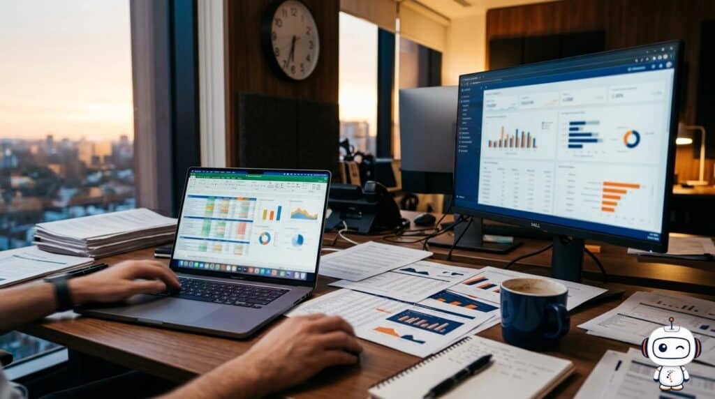 Escritorio con varias planillas y reportes impresos con cifras distintas, representando el costo de conciliar datos desconectados