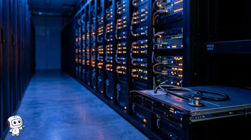 Estetoscopio sobre un servidor en un data center, metáfora de un SQL Server Health Check