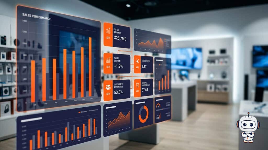 Ilustración conceptual de datos de ventas retail consolidándose en un dashboard de Power BI, en tonos navy y naranja