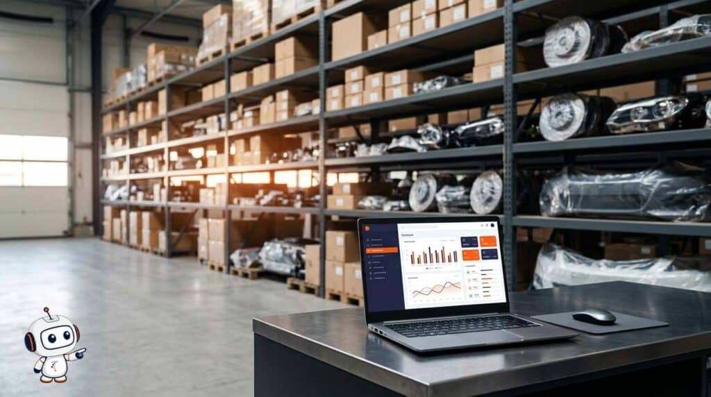 Tablero comercial en Power BI en una notebook dentro de un depósito de repuestos automotores
