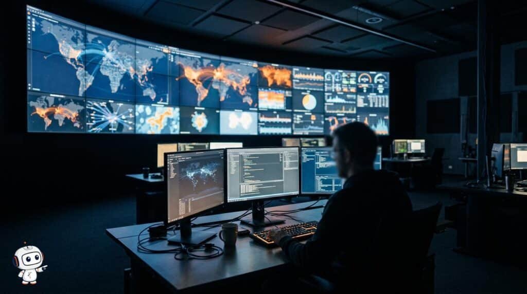 Centro de operaciones de red con tableros que integran métricas técnicas, SLA y alertas de negocio en telecomunicaciones